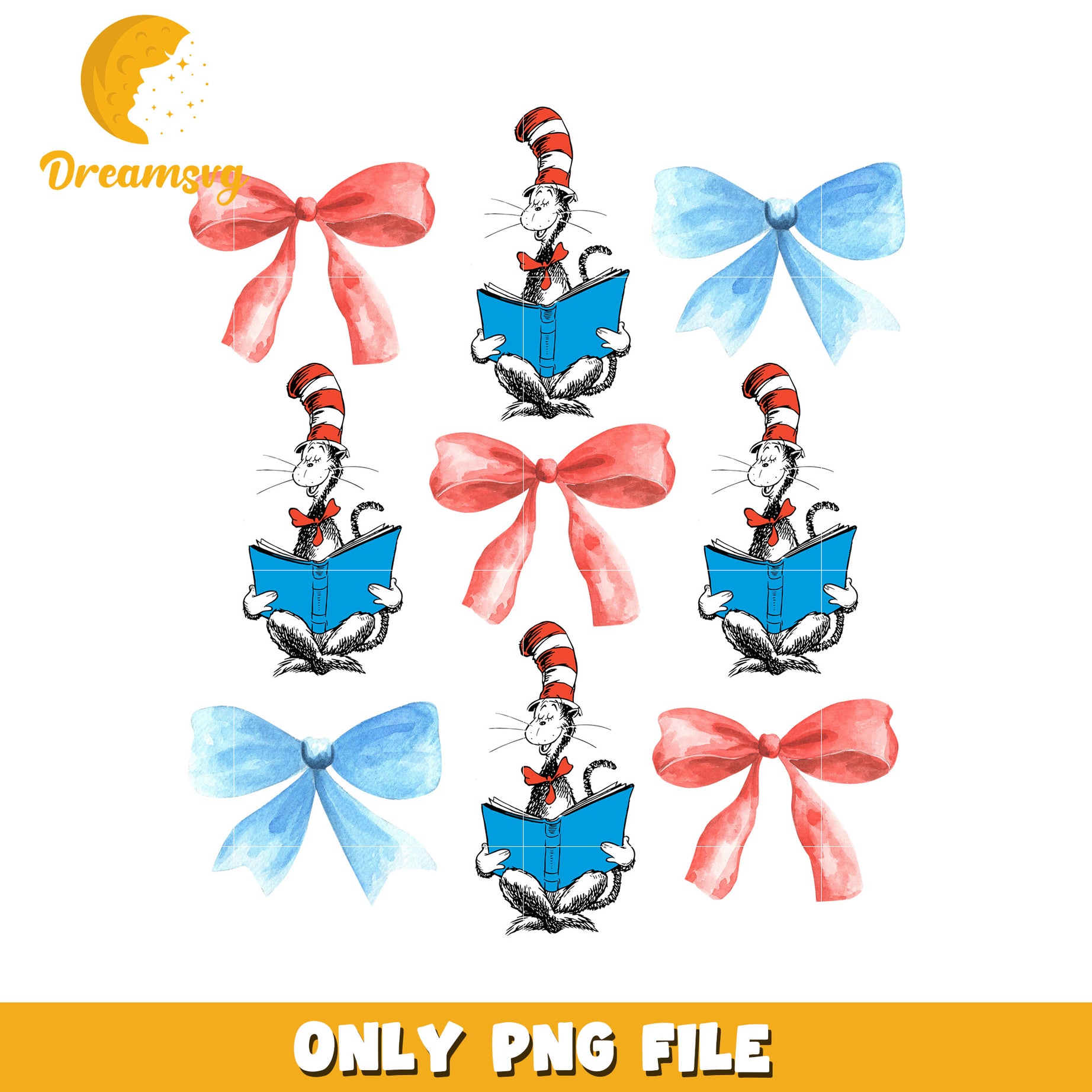 Cat in the Hat Reading with Colorful Bows PNG Design