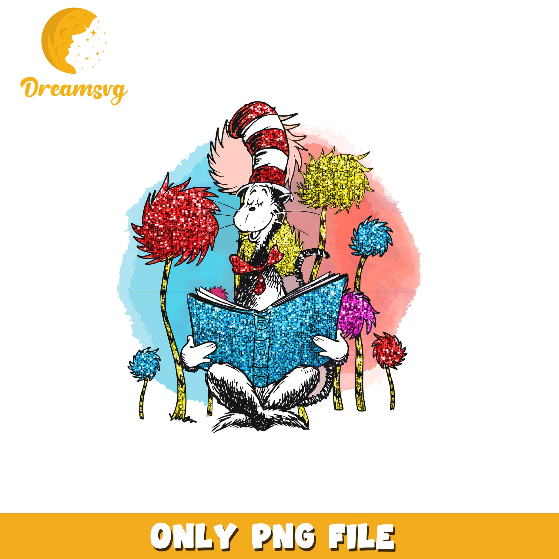 Cat in the hat reading book png, dr seuss png, lorax trees png