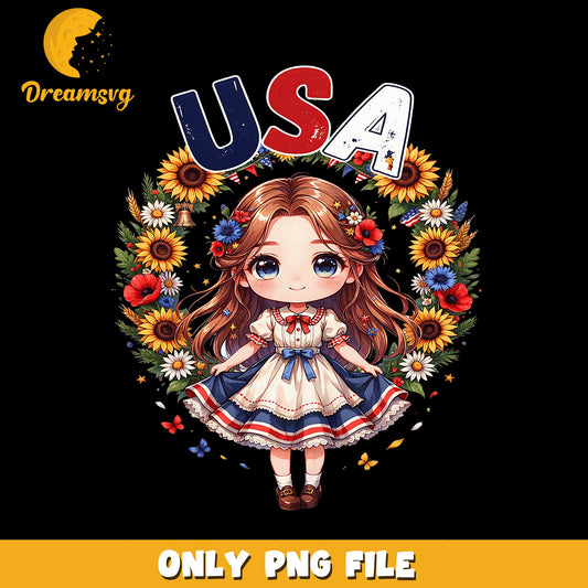 Chibi Girl USA Sunflower Wreath 4th Of July PNG, Patriotic, America