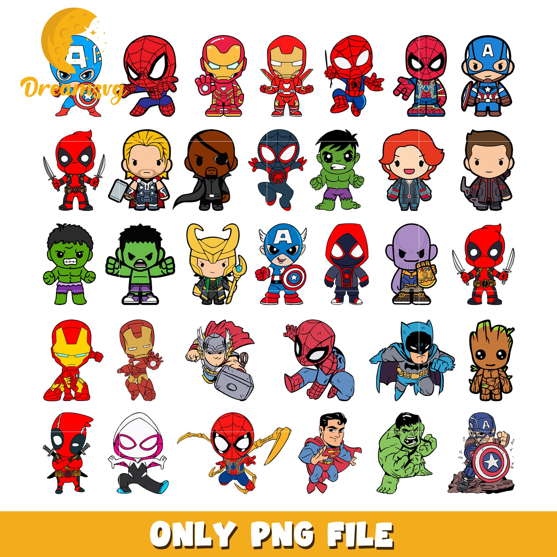 Chibi avengers characters bundle png, marvel characters png