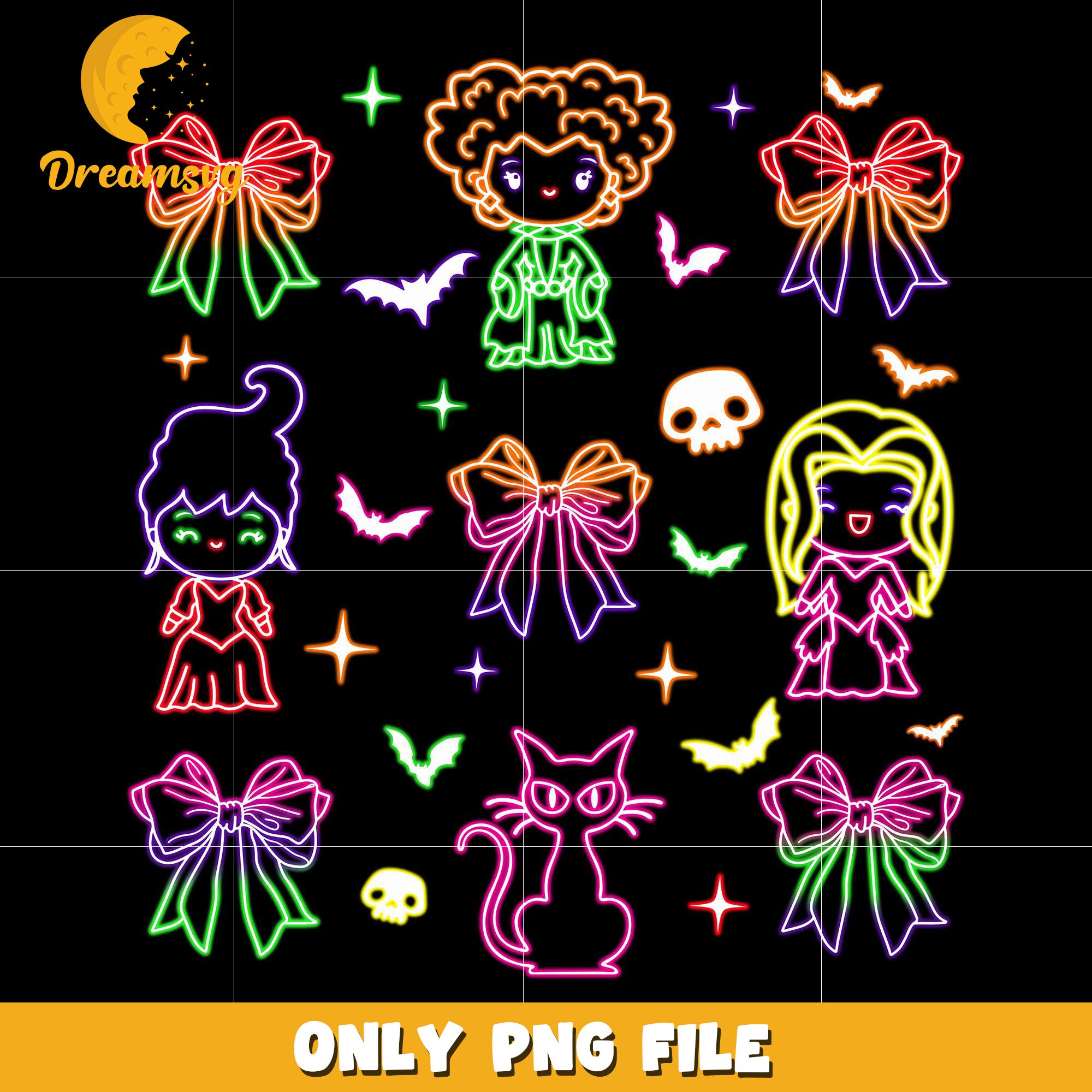 Chibi hocus pocus neon png, spooky season​ png, halloween pumpkin png
