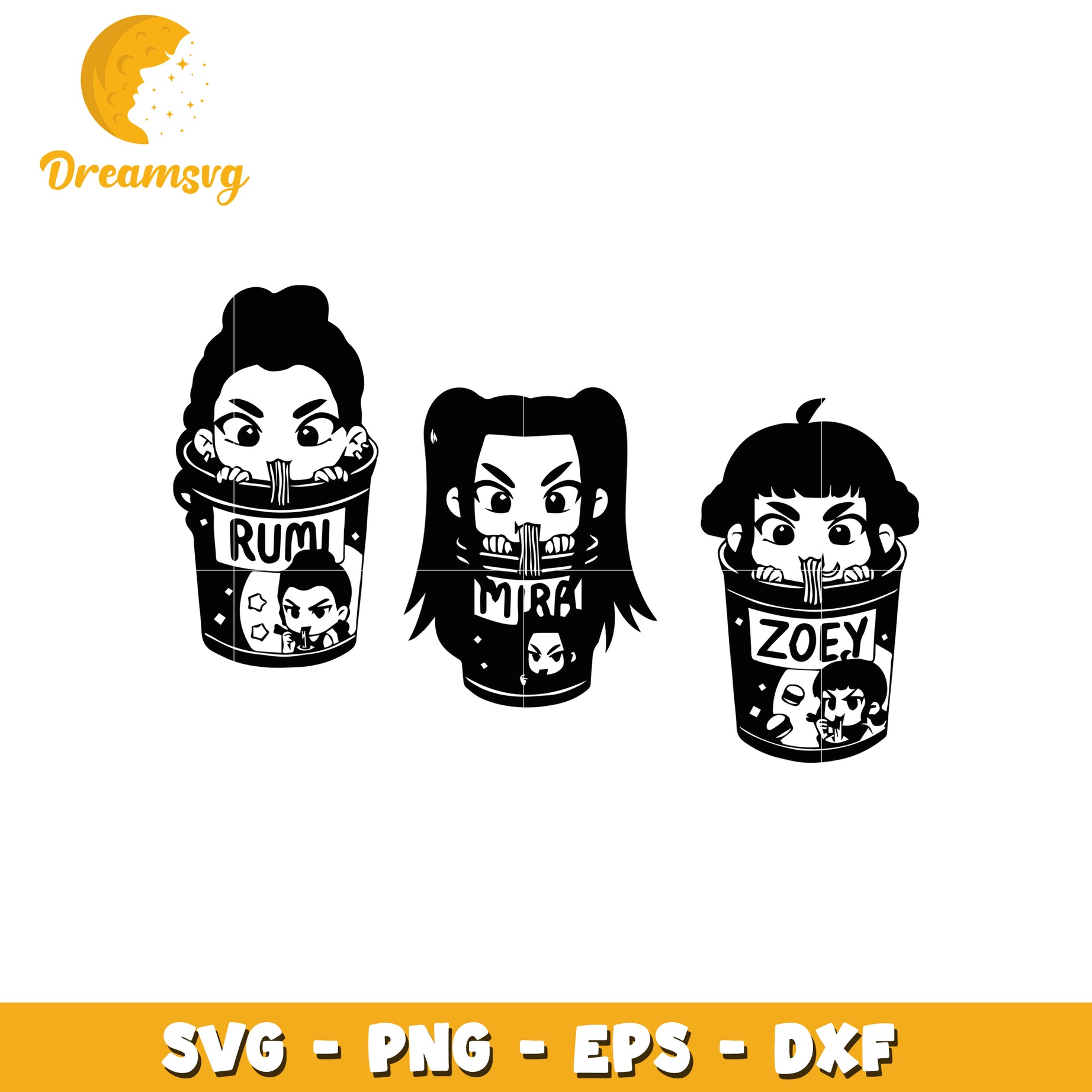 Chibi huntrix girls eating rameyeon design svg, huntrix girls chibi svg, huntrix eating svg