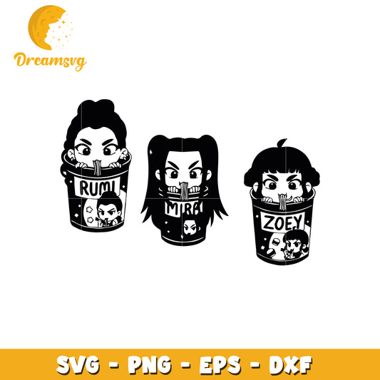 Chibi huntrix girls eating rameyeon design svg, huntrix girls chibi svg, huntrix eating svg