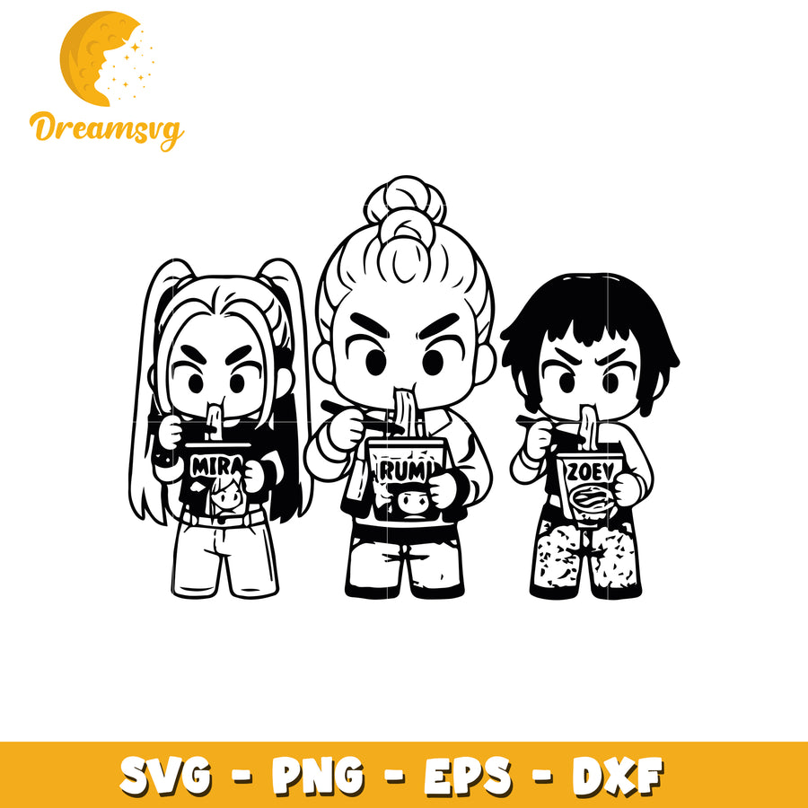 Chibi huntrix girls eating rameyeon svg, huntrix girls chibi svg, huntrix eating svg