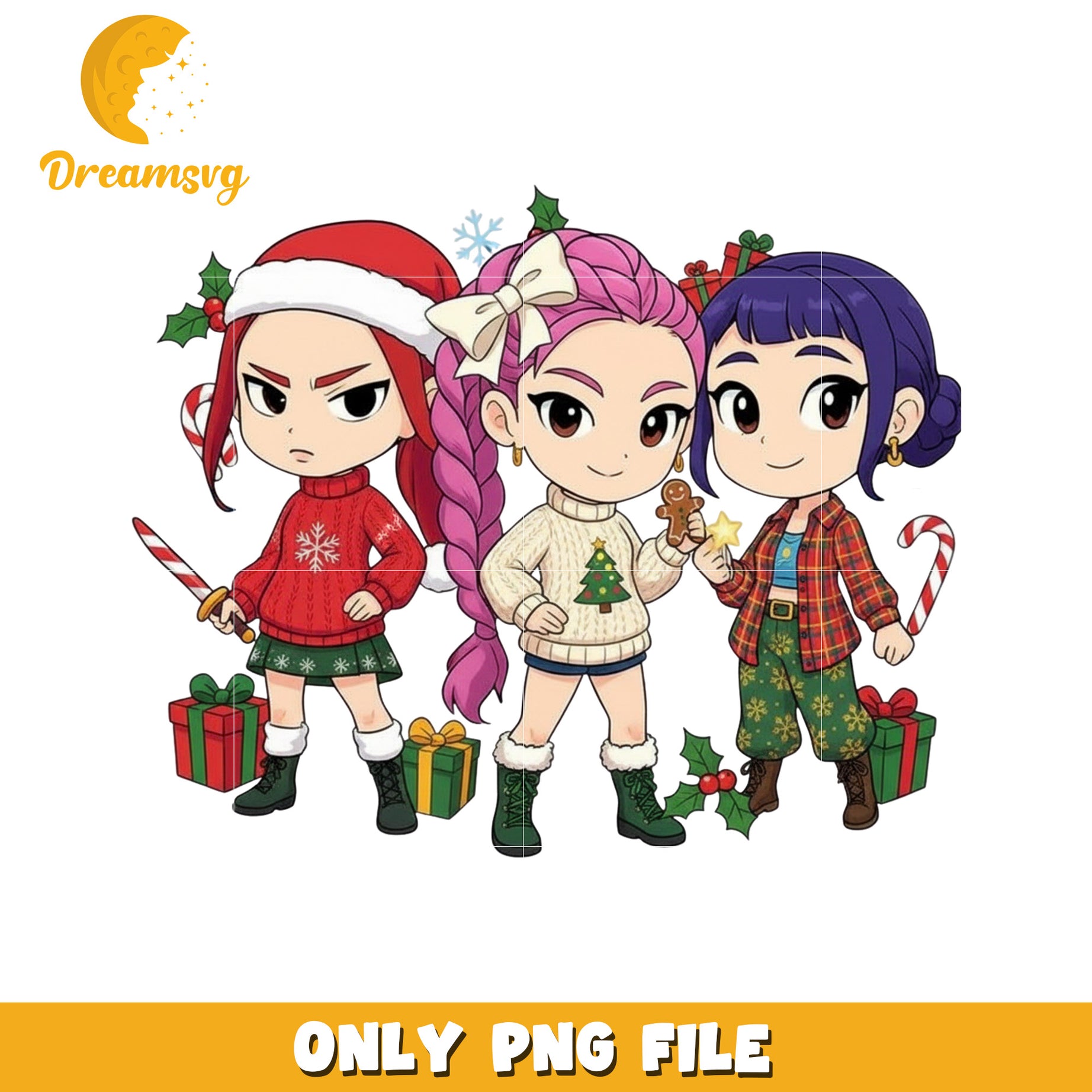 Chibi huntrix girls png, christmas png, demon hunter png
