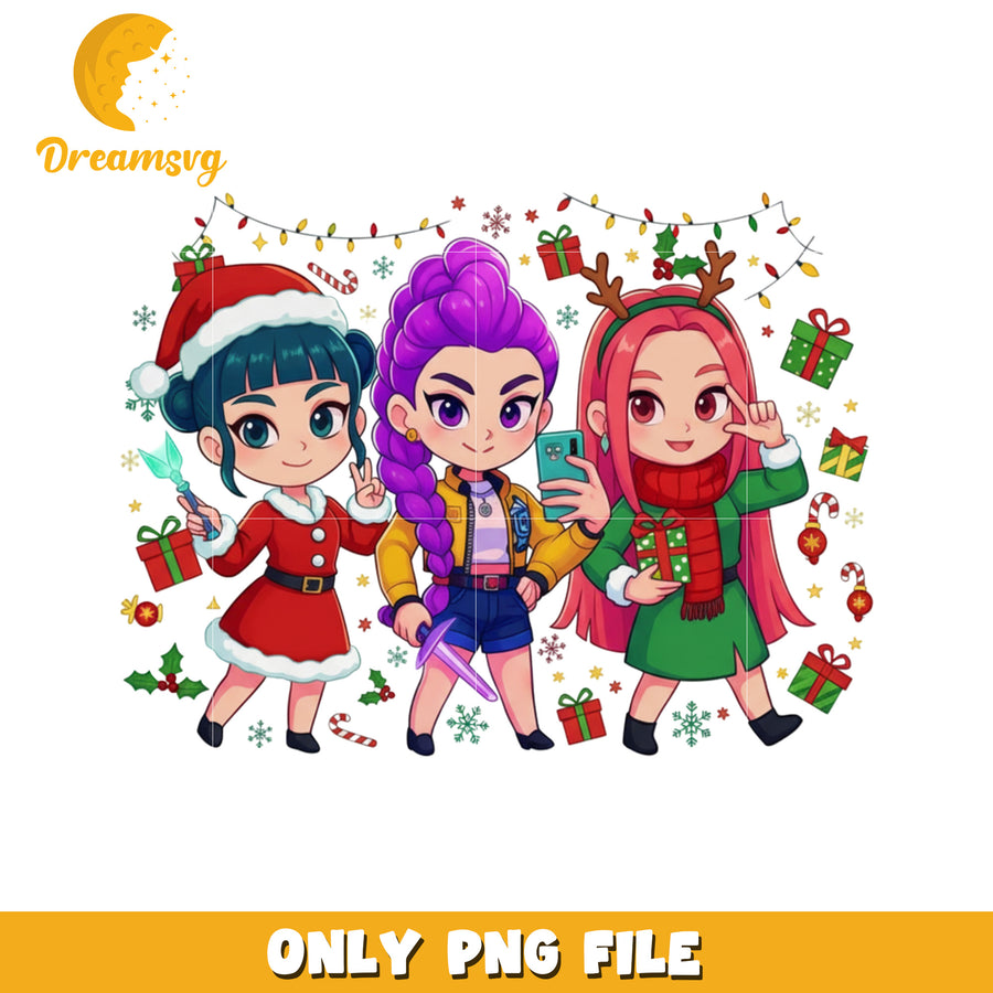 Chibi huntrix girls png, christmas sweater​ png, korean cartoon png
