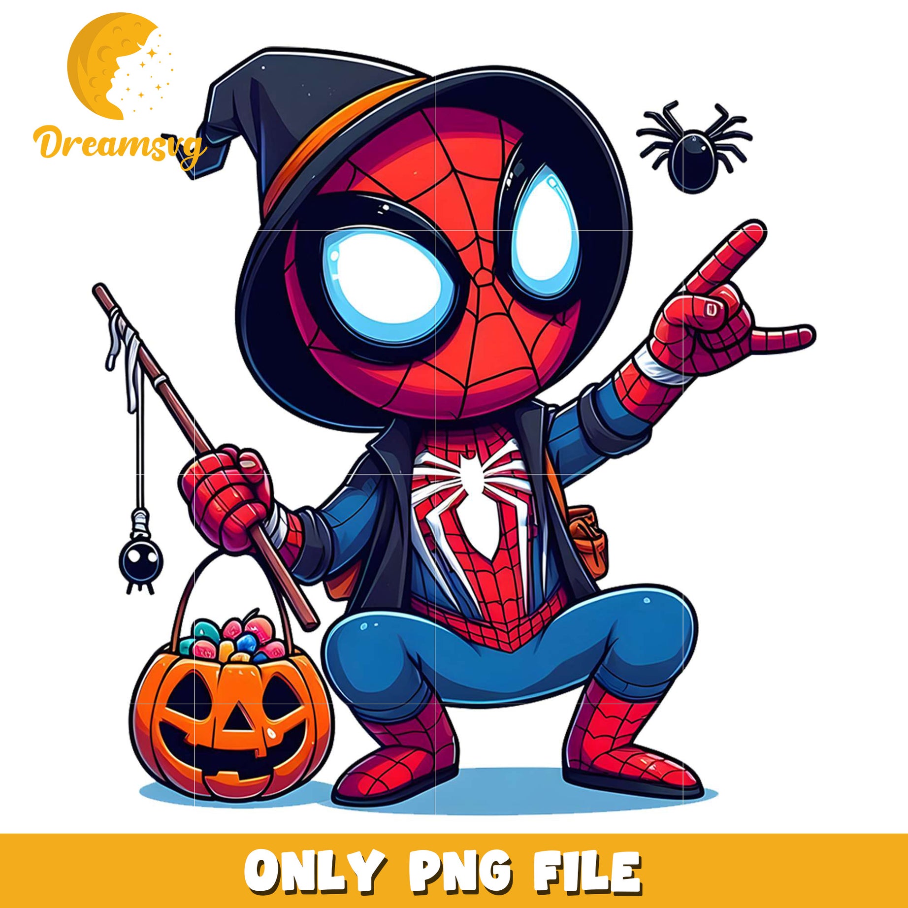 Chibi spiderman halloween png, trick oe treat png, halloween era png