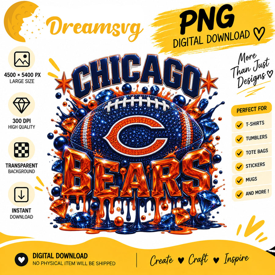 Chicago Bears Bling Glitter Football Sublimation PNG