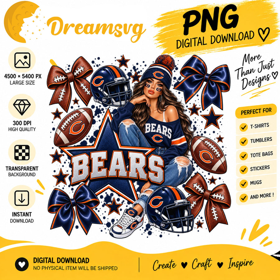 Chicago Bears Coquette Bow Football Fan Girl Stars PNG