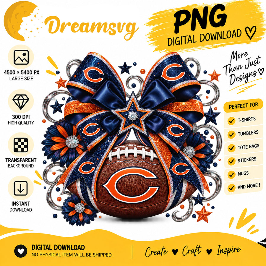 Chicago Bears Coquette Bow Glitter Floral Football PNG