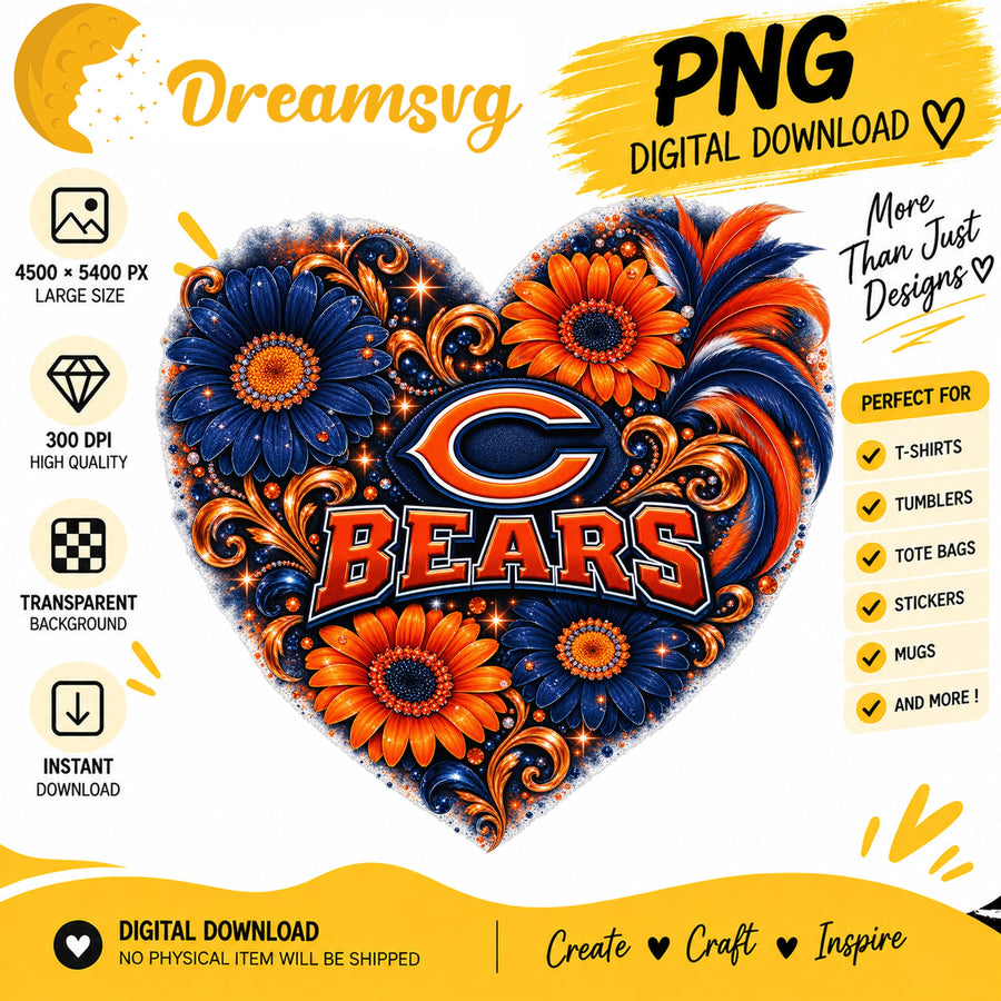 Chicago Bears Floral Heart NFL Football Sublimation PNG