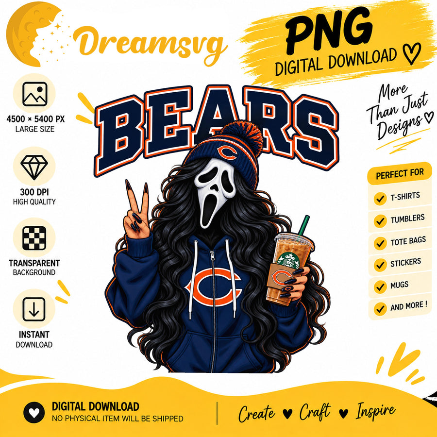 Chicago Bears Ghost Face Halloween Football Fan Girl PNG