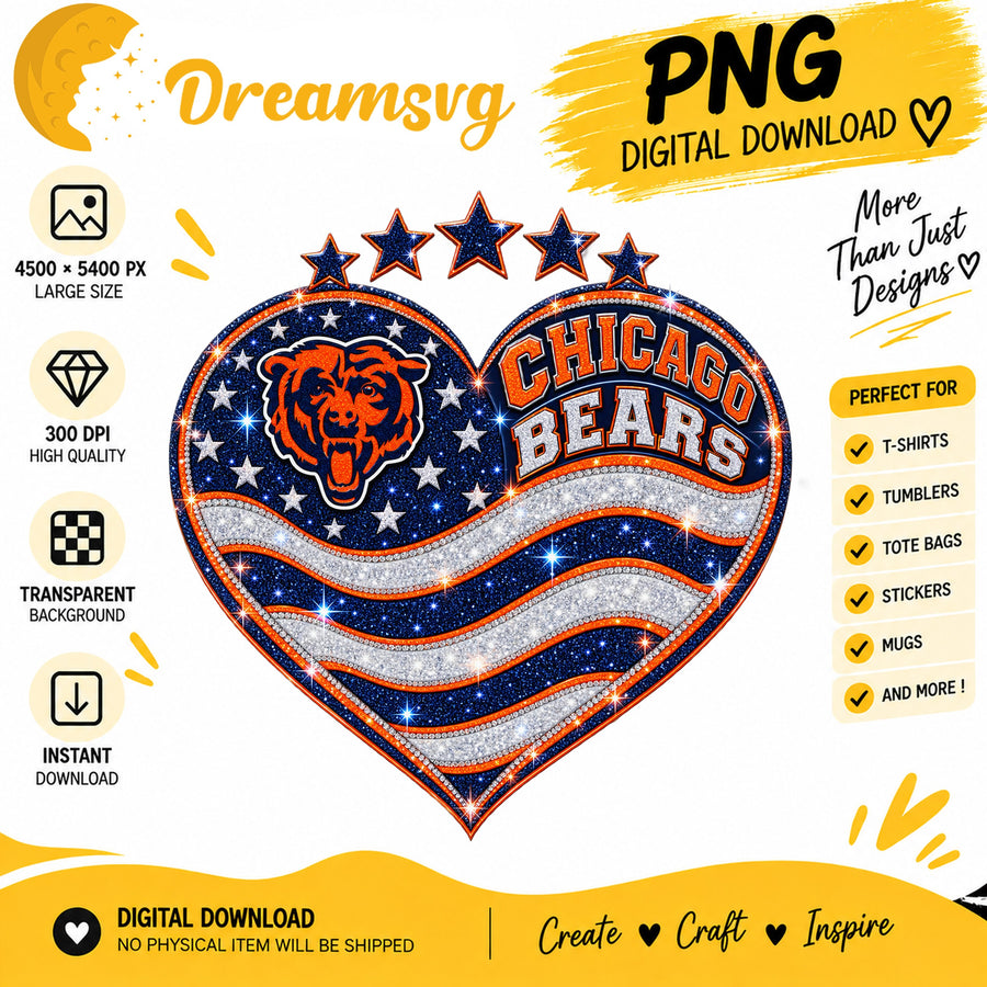 Chicago Bears Glitter Heart NFL Football Fan Girl PNG