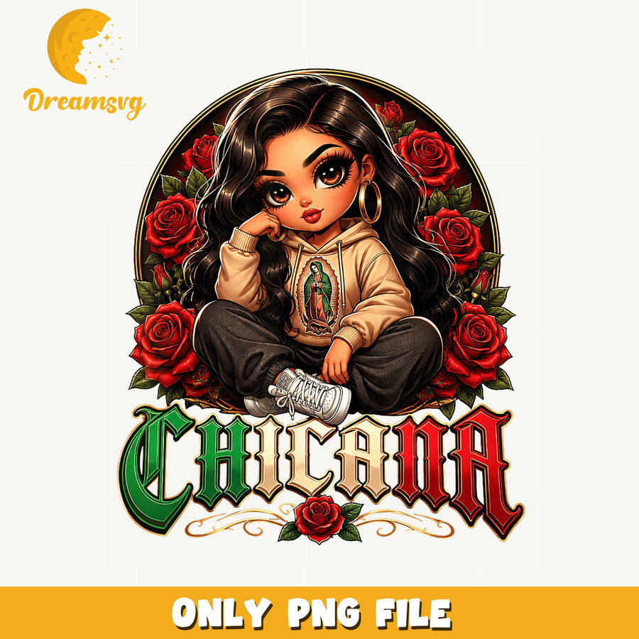 Chicana Chibi Girl With Roses PNG, Guadalupe Hoodie Design, Latina PNG