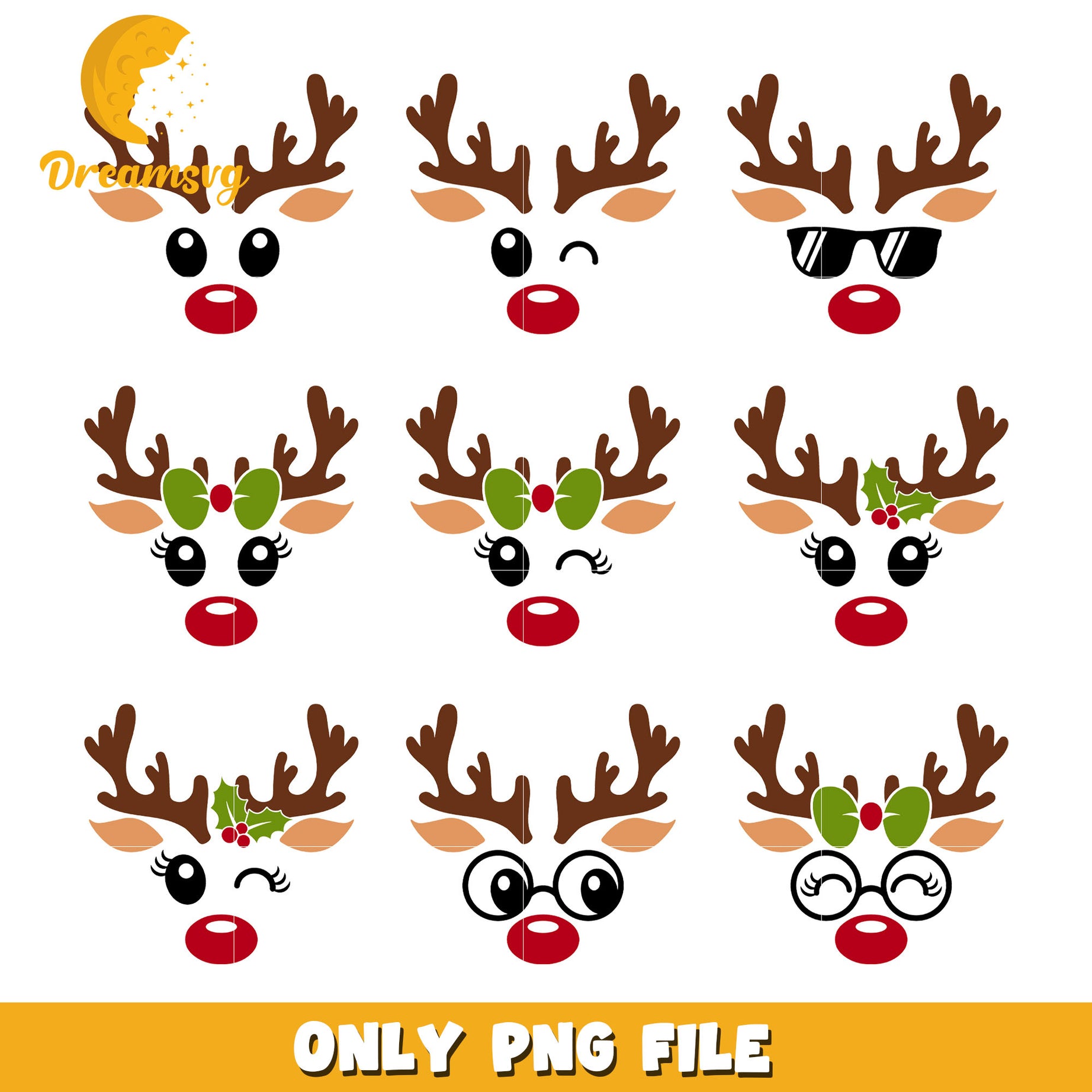 Reindeer face christmas design bundle png, christmas reindeer​ png