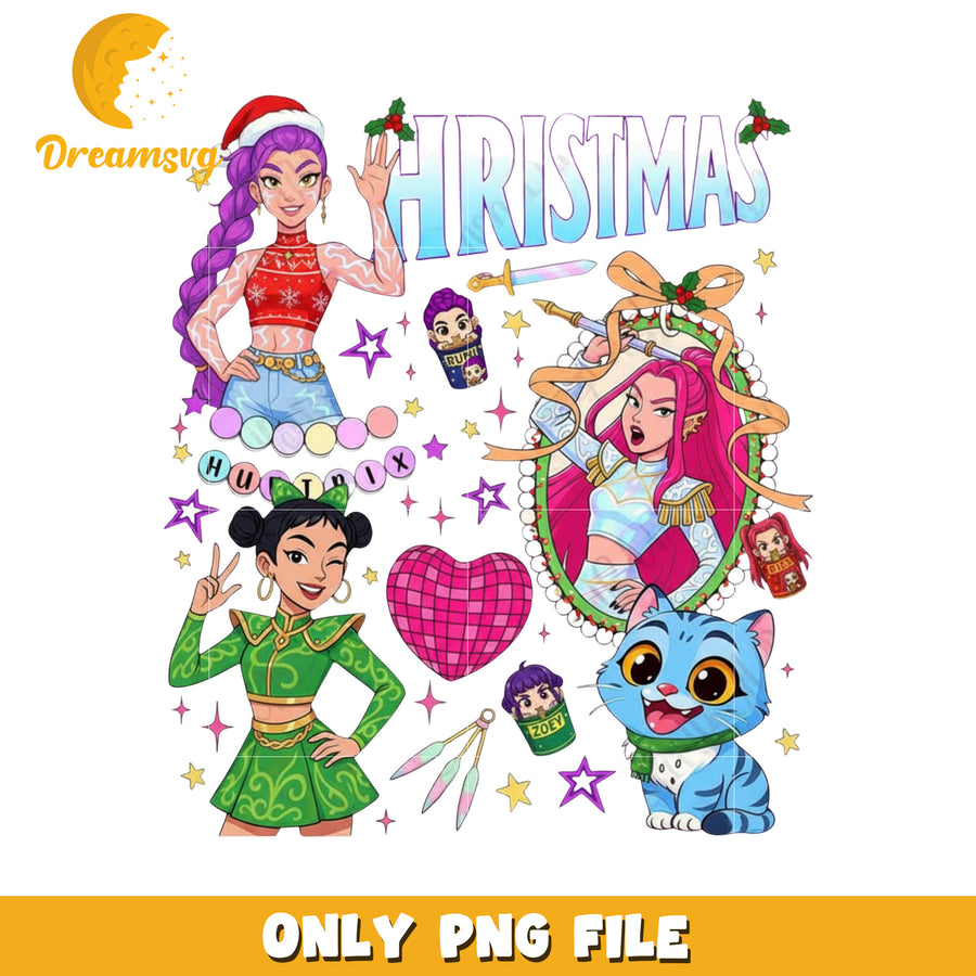 Christmas huntrix disco design png, huntrix and saja​ png, christmas music​ png