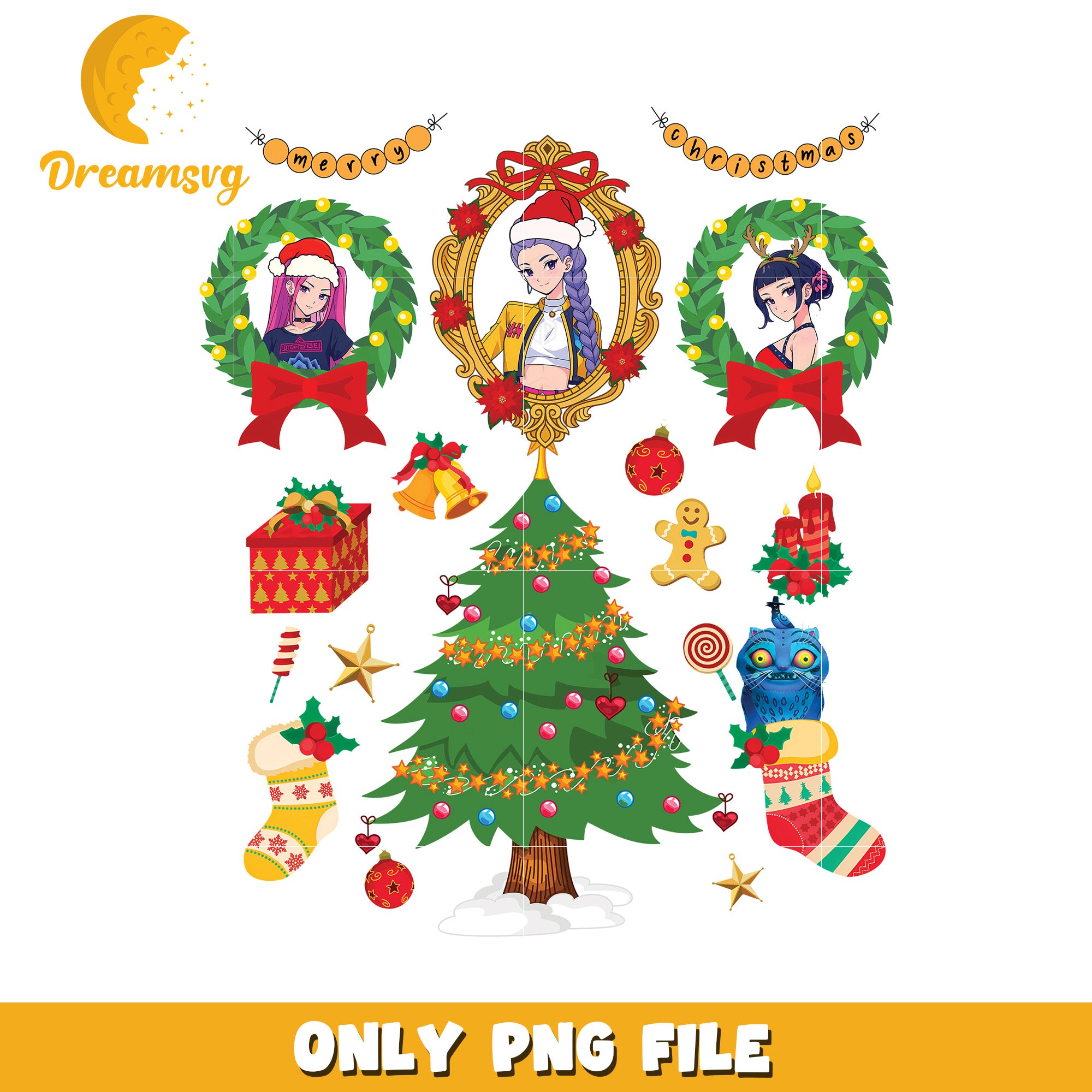 Christmas huntrix wreath png, merry christmas png, christmas season png