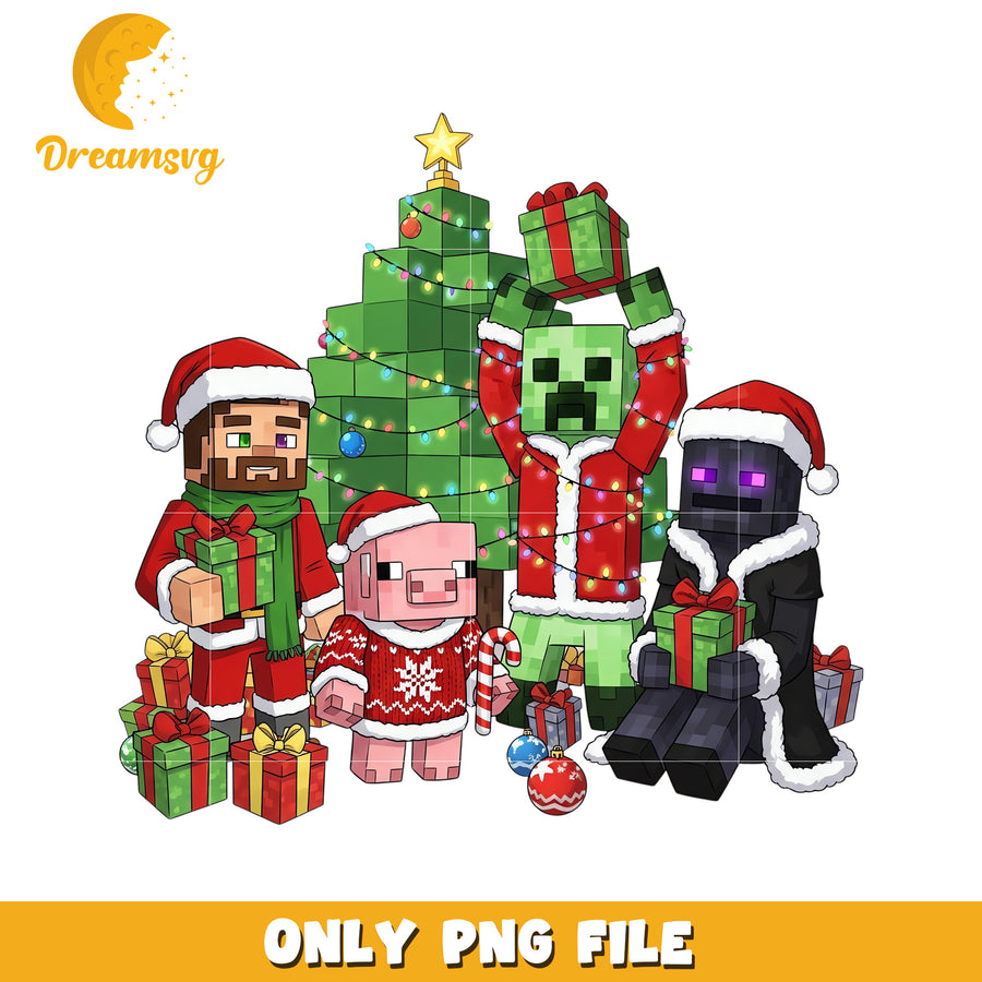 Christmas minecraft friends png, christmas wreath png, minecraft png