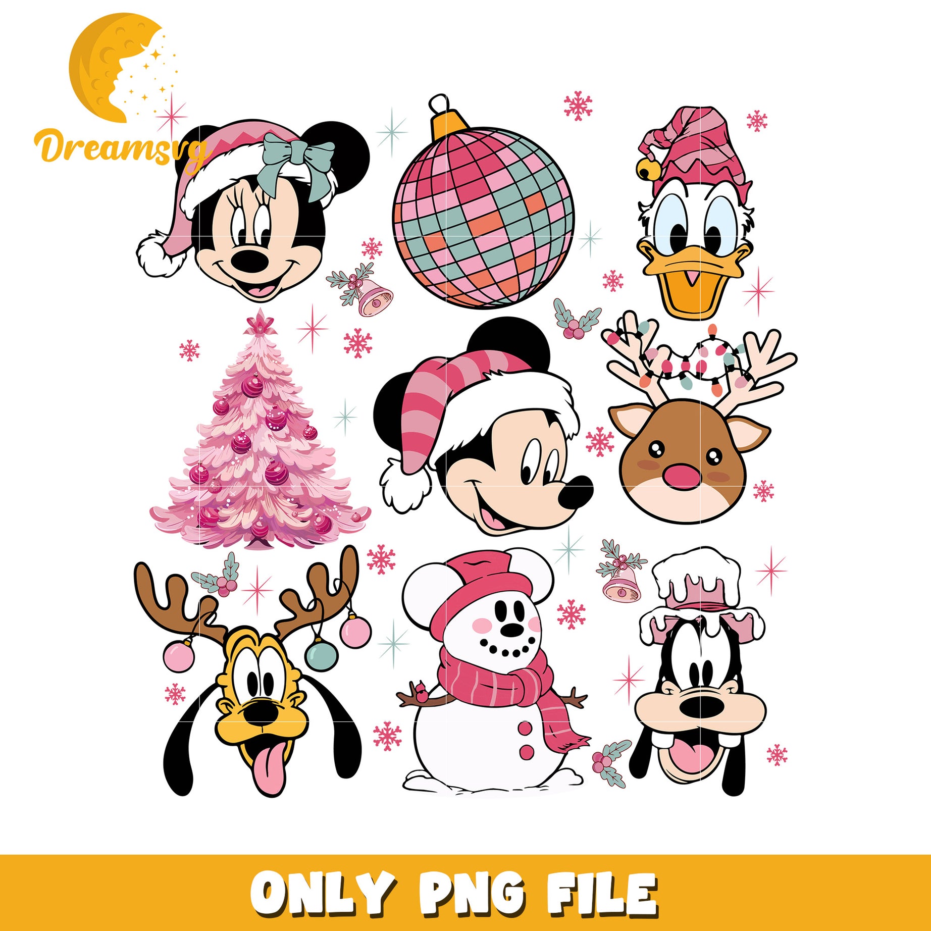 Christmas pink mouse and friends png, disney christmas art png, disney festive mood png