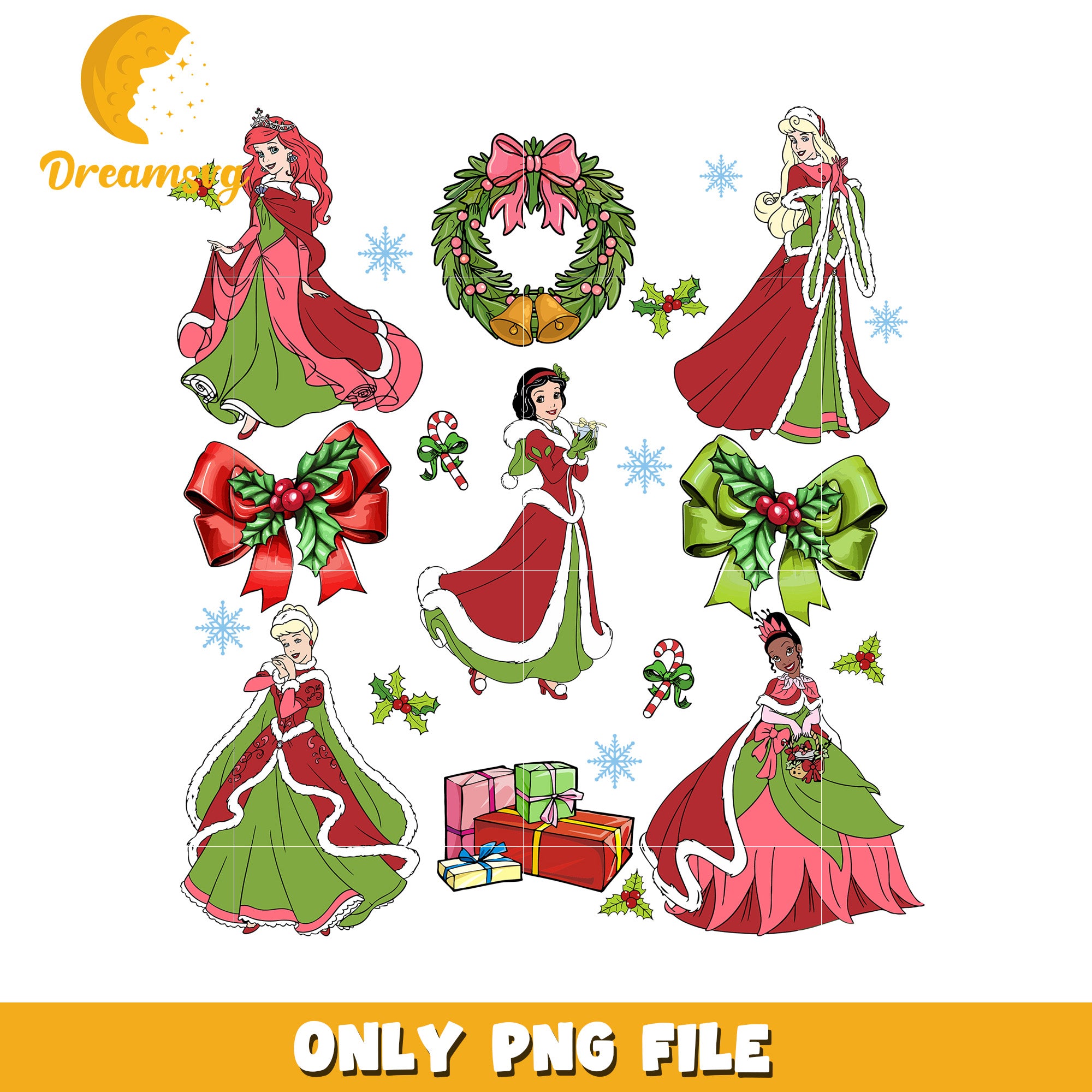Christmas princess png, disney christmas art png, disney festive mood png