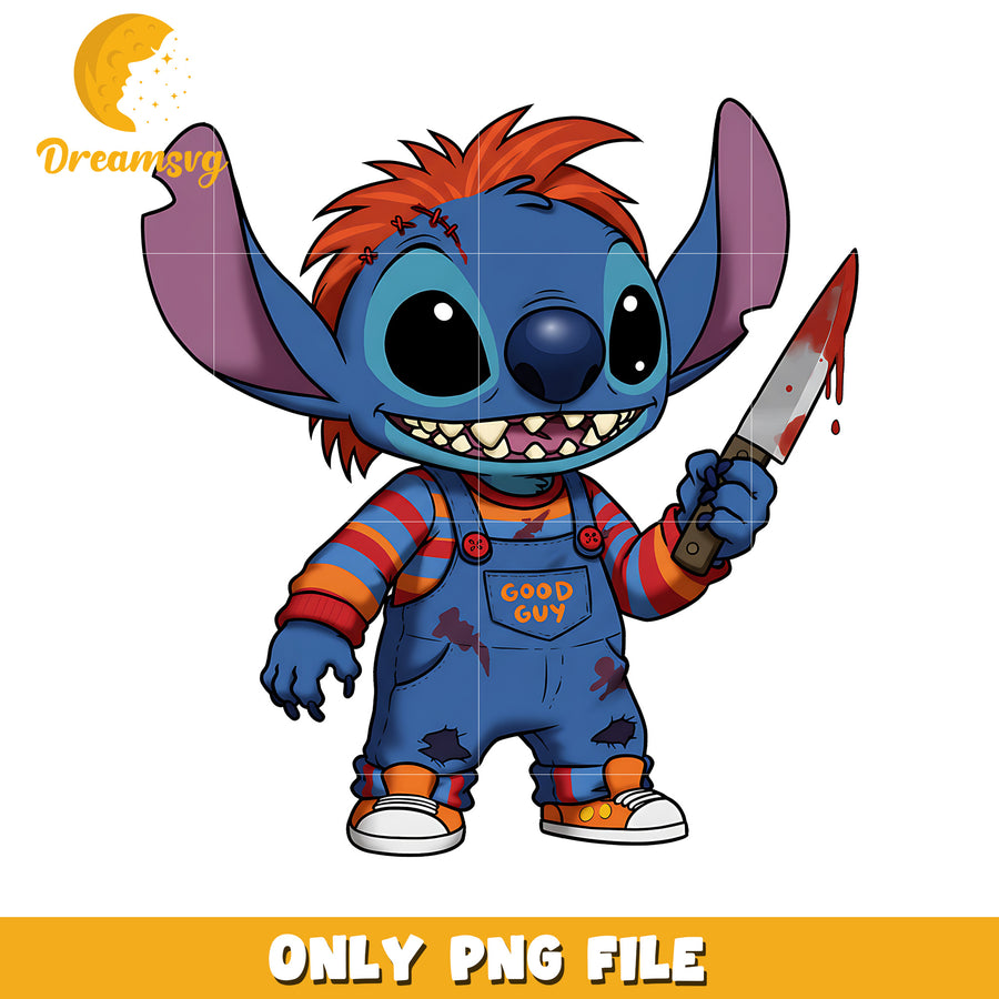Chucky killer stitch png, spirit halloween png, halloween stitch png