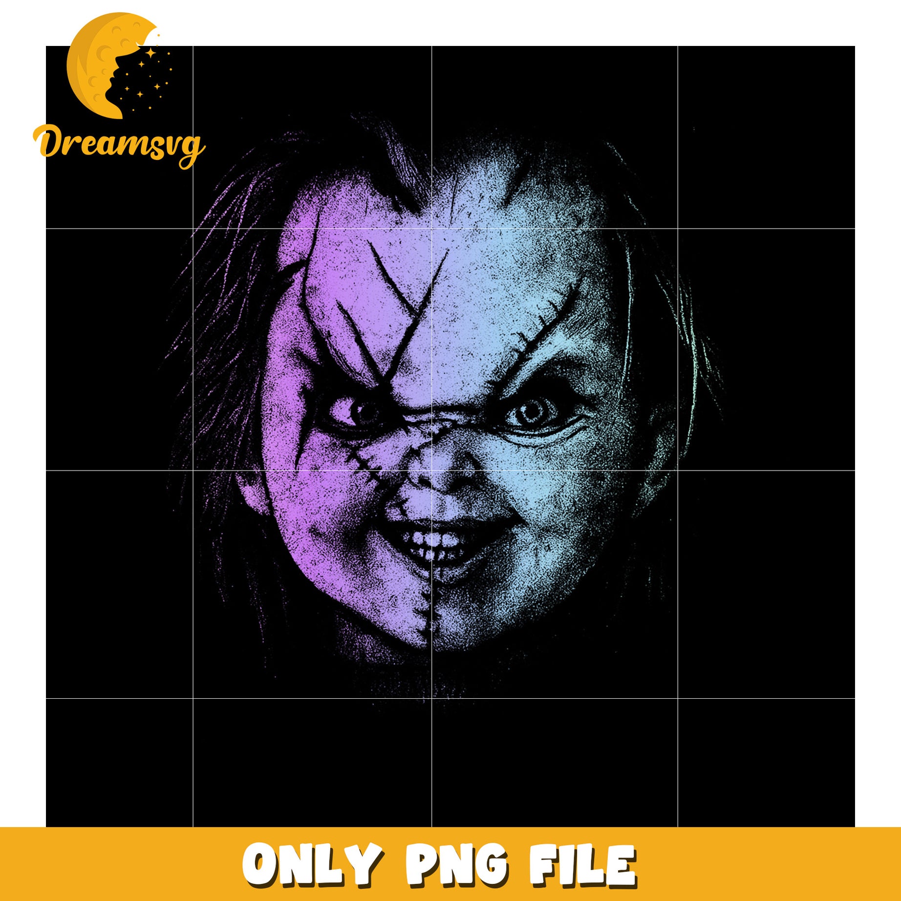 Chucky neon png, horror glow design png, scary doll light png
