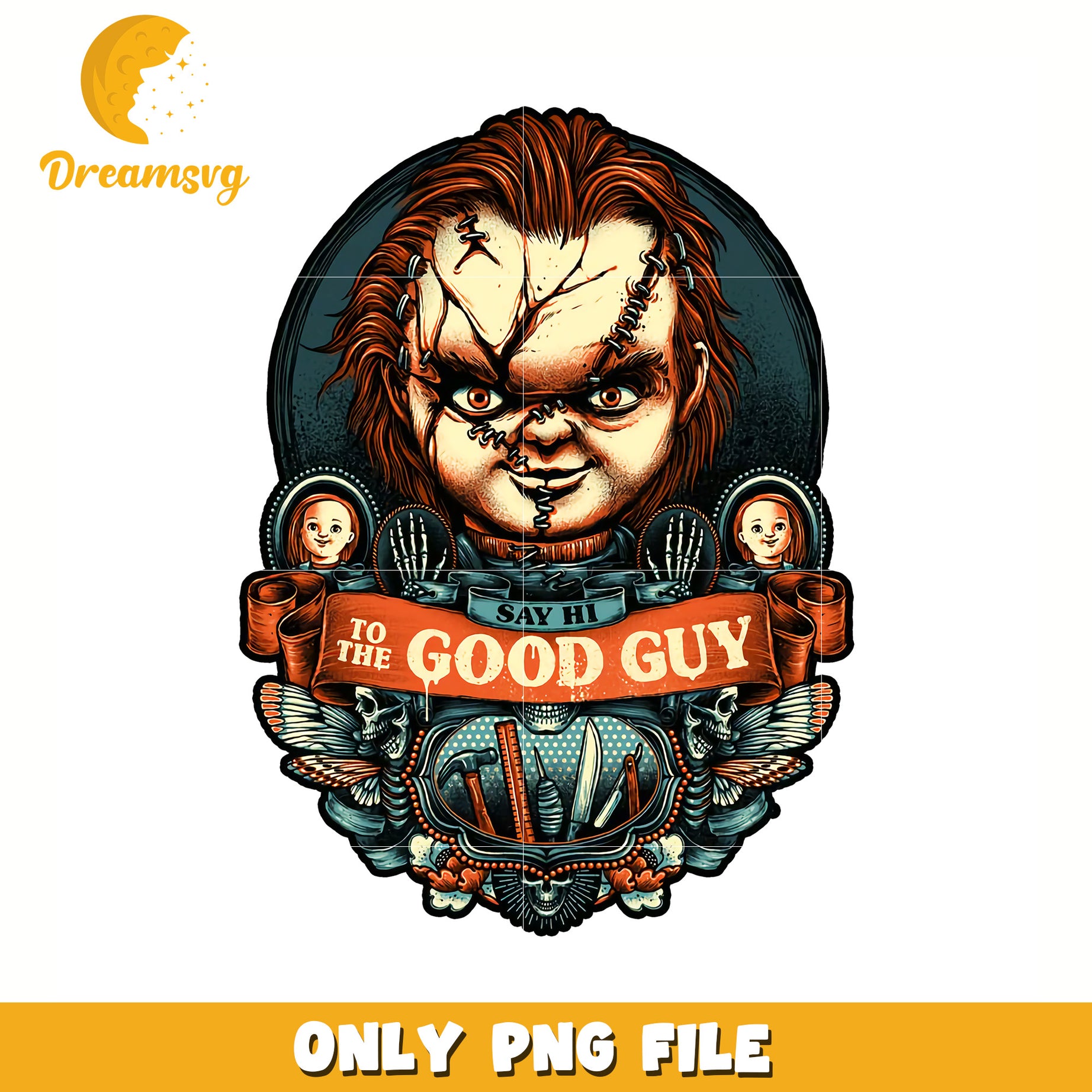 Chucky say hi to the good guy png, halloween candy png, spooky halloween png