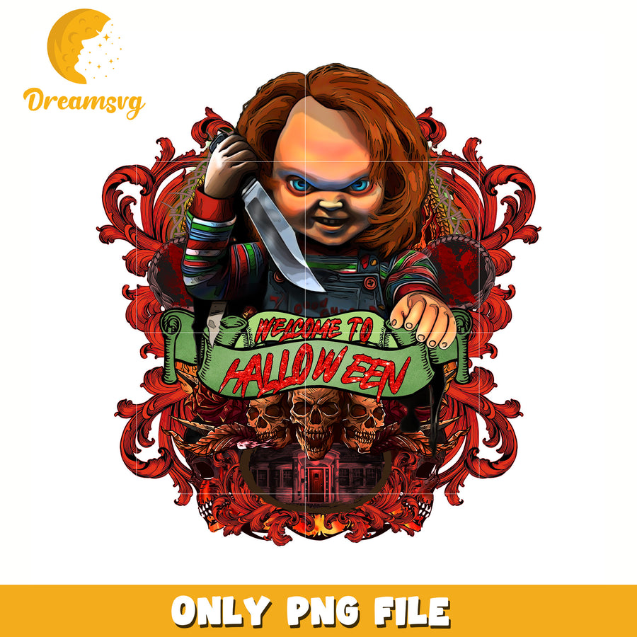 Chucky welcome to halloween png, halloween candy png, spooky halloween png