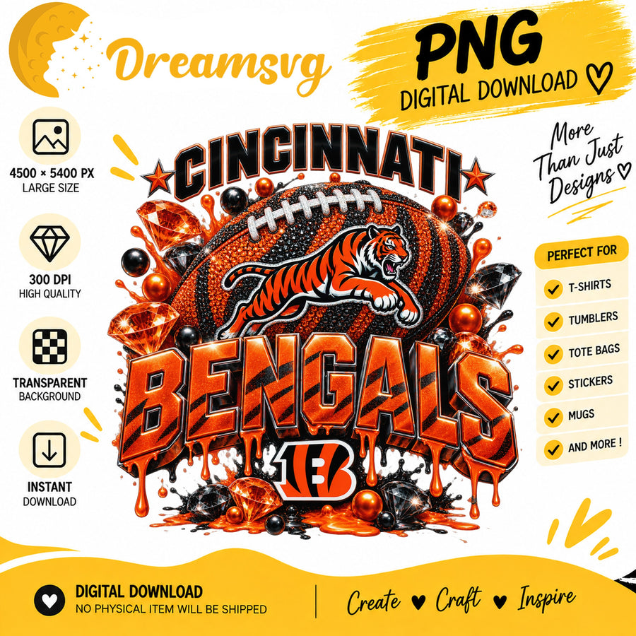 Cincinnati Bengals Bling Glitter Football Sublimation PNG