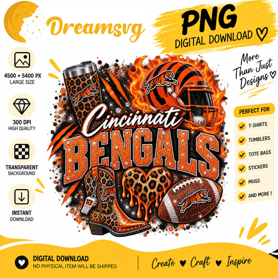 Cincinnati Bengals Bling Glitter Leopard Boots Football PNG