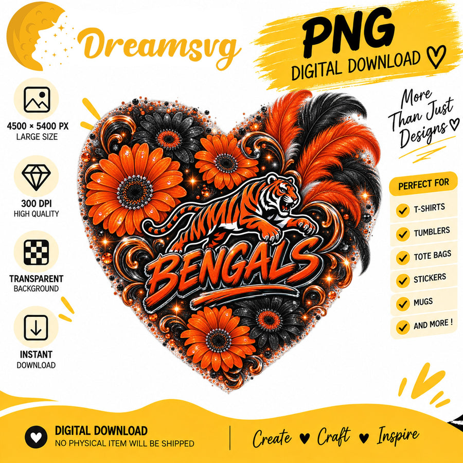 Cincinnati Bengals Floral Heart NFL Football Sublimation PNG