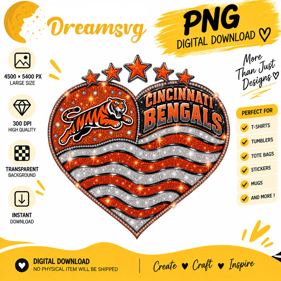 Cincinnati Bengals Glitter Heart NFL Football PNG