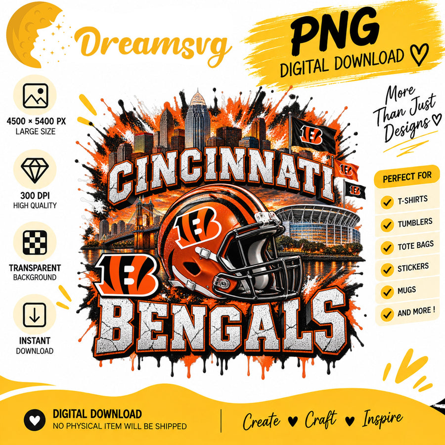 Cincinnati Bengals Grunge Football City Skyline Stadium PNG