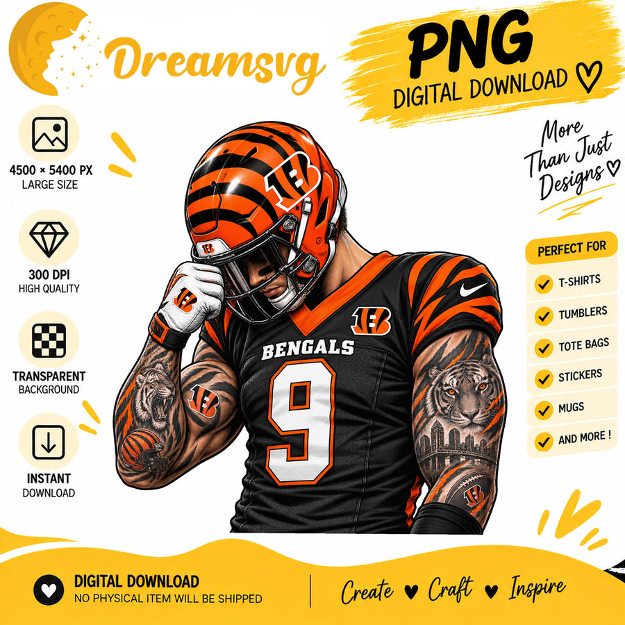 Cincinnati Bengals Tattooed Football Player Sublimation PNG