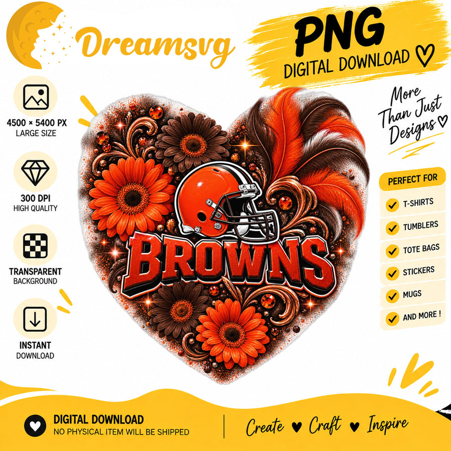 Cleveland Browns Floral Heart NFL Football Sublimation PNG