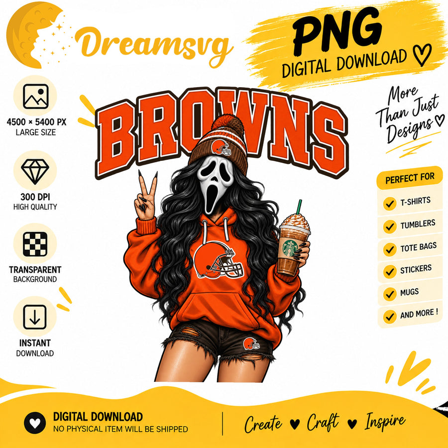 Cleveland Browns Ghost Face Halloween Football Fan Girl PNG