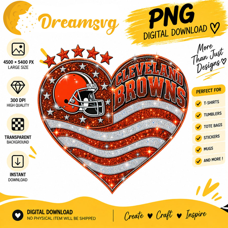 Cleveland Browns Glitter Heart NFL Football Sublimation PNG
