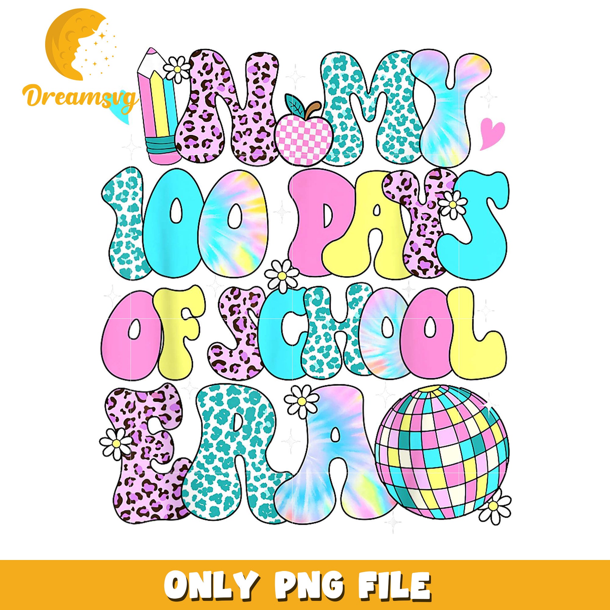 Colorful 100 Days of School Era Design PNG for Kids Crafts