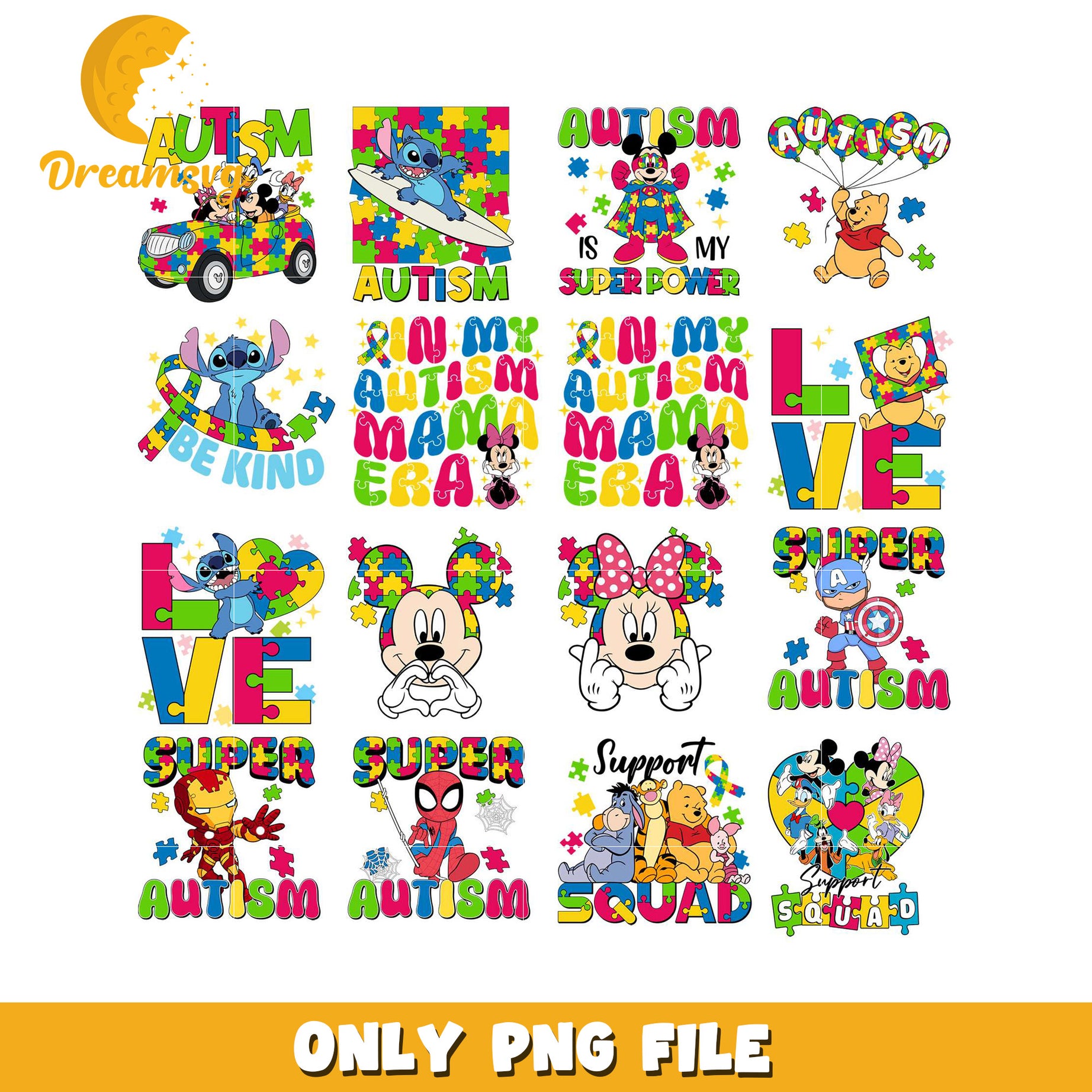 Colorful Autism Awareness PNG Bundle with Cute Characters