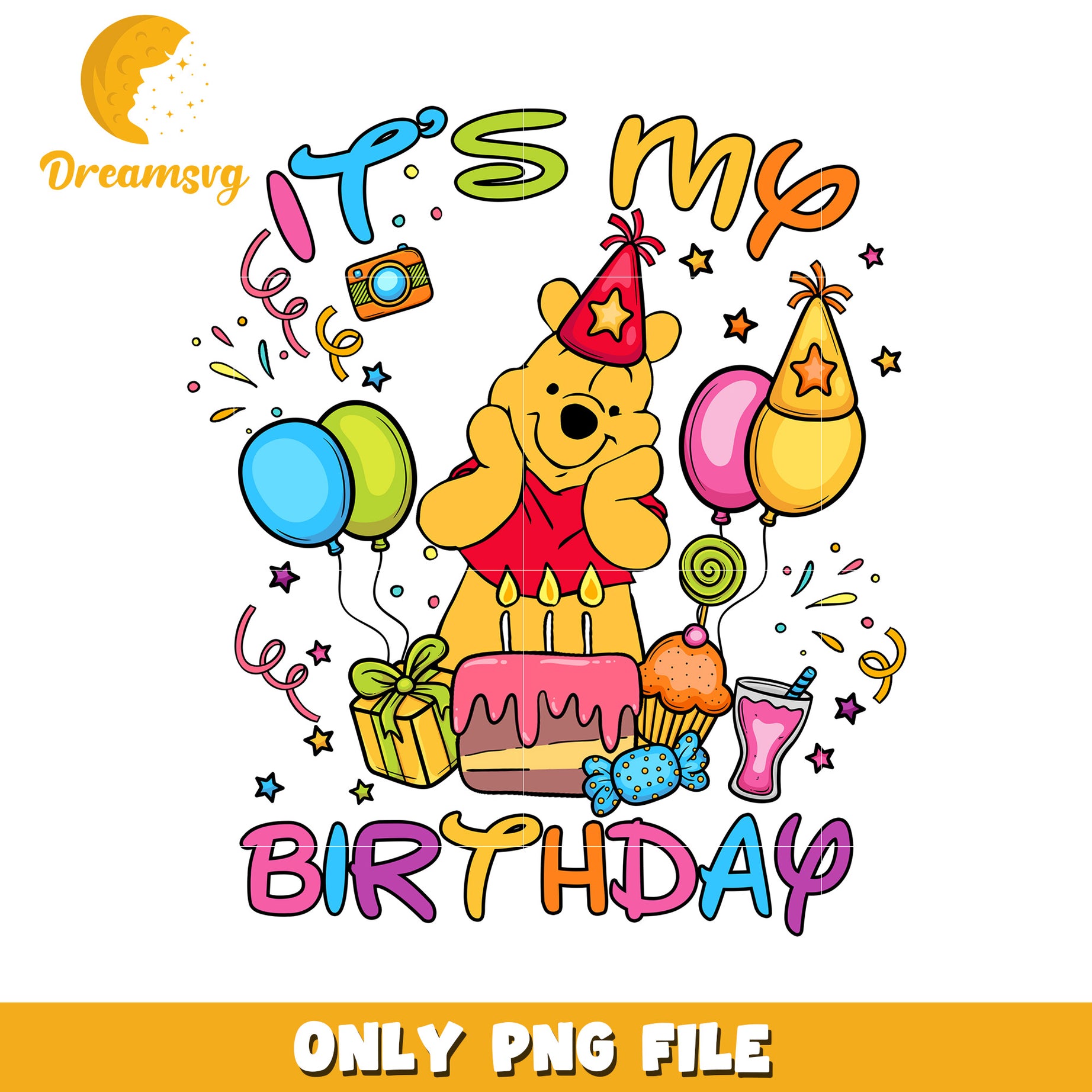 Colorful Birthday Celebration PNG with Cute Bear Art