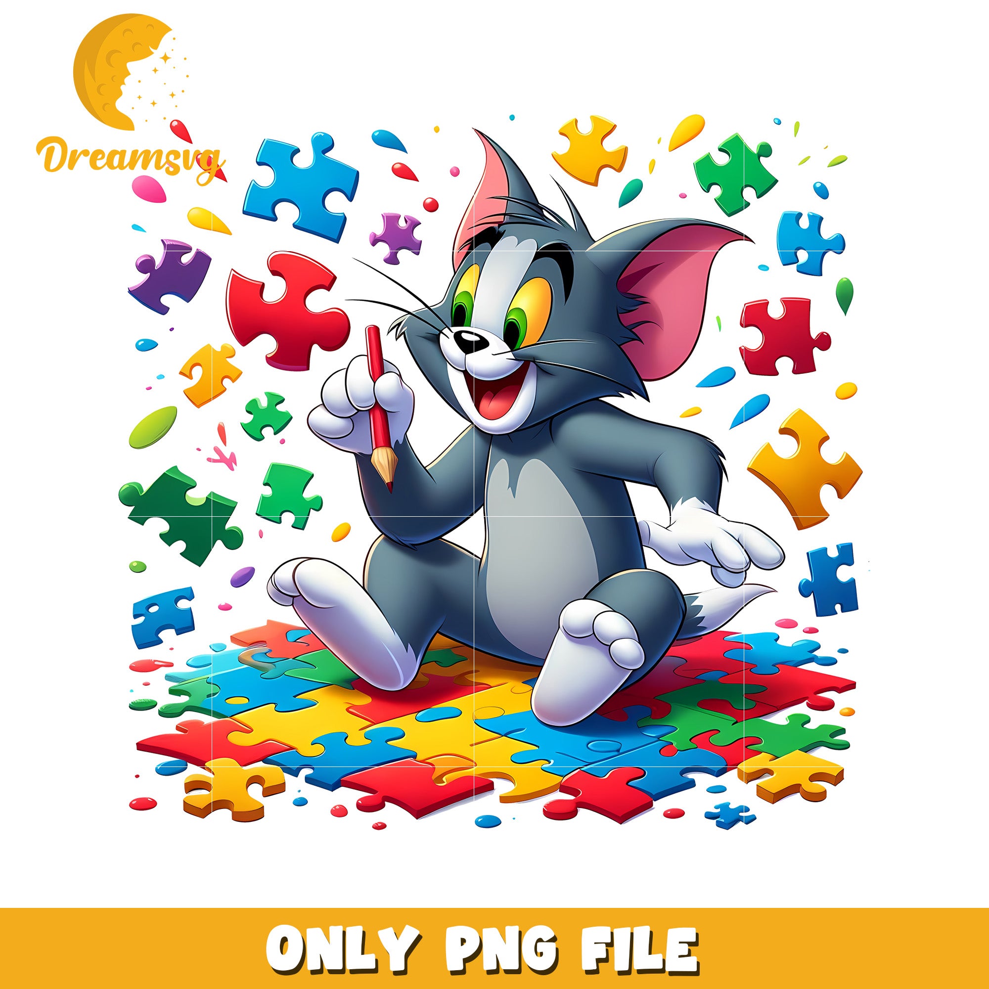 Colorful Cartoon Cat Playing With Puzzle Pieces PNG Art