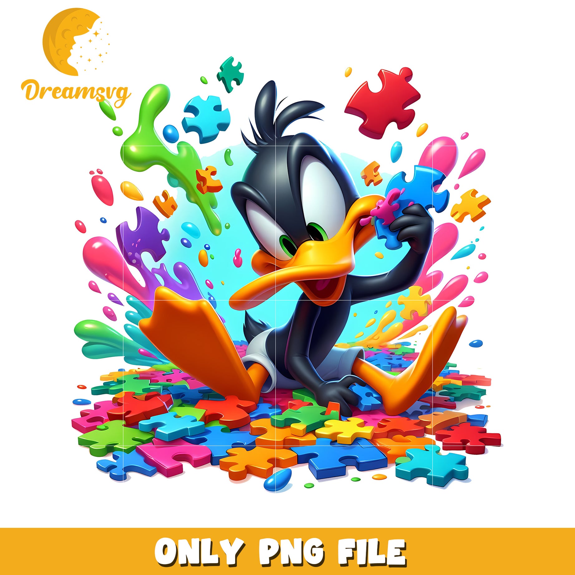 Colorful Cartoon Duck Playing with Puzzles in PNG Format