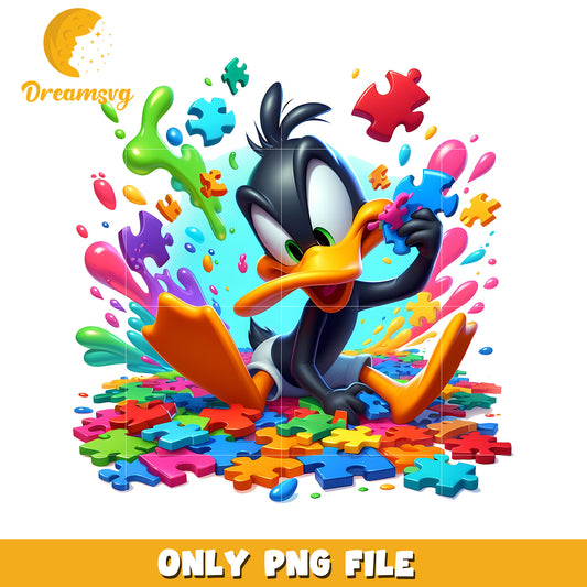 Colorful Cartoon Duck Playing with Puzzles in PNG Format