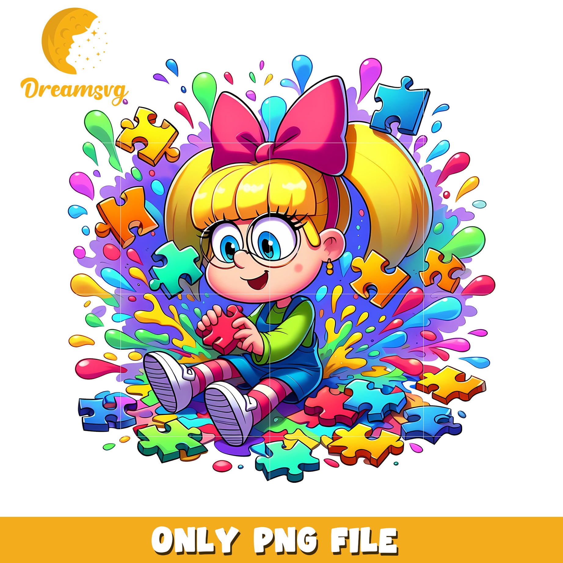 Colorful Cartoon Girl Playing with Puzzle Pieces PNG Image
