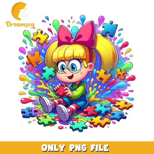 Colorful Cartoon Girl Playing with Puzzle Pieces PNG Image