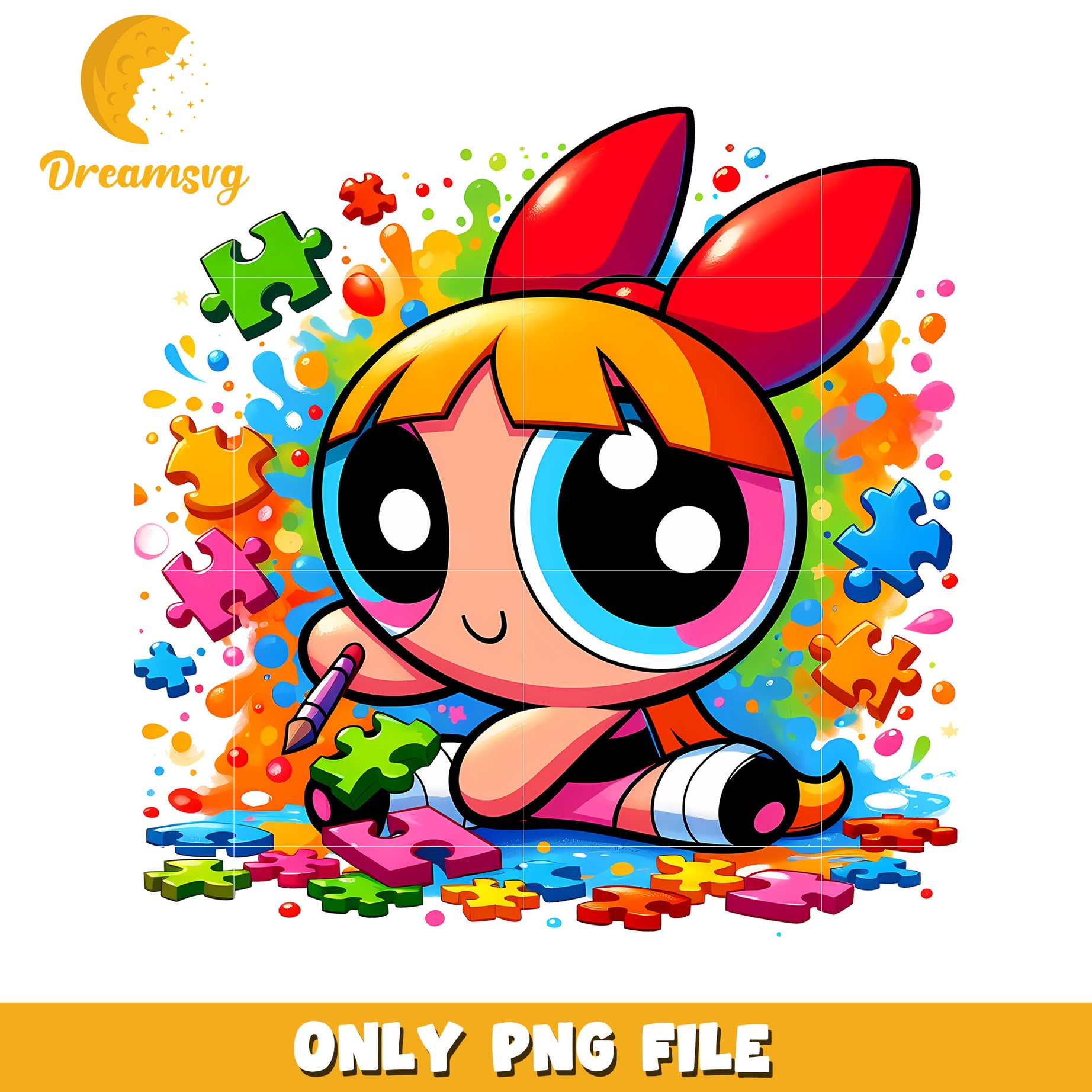 Colorful Cartoon Girl Playing with Puzzles PNG Art Image