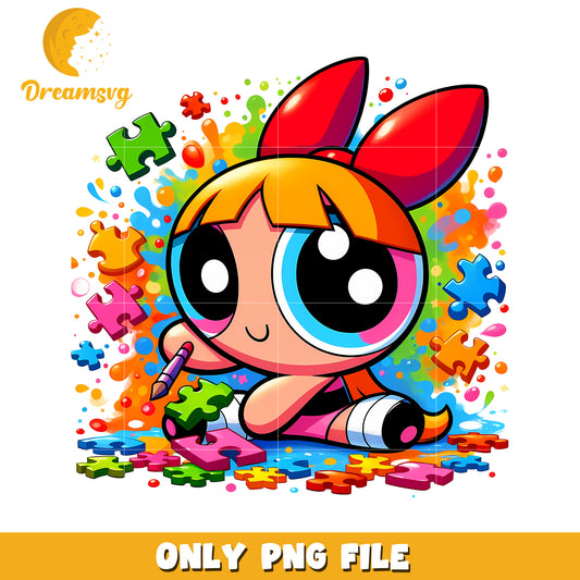 Colorful Cartoon Girl Playing with Puzzles PNG Art Image