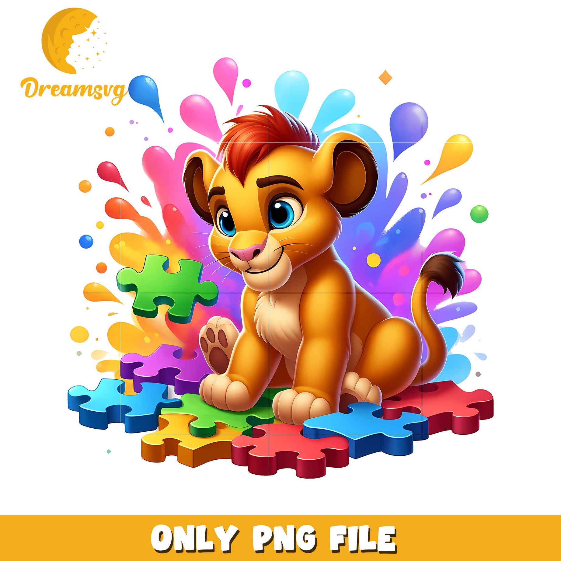 Colorful Cartoon Lion Cub Playing with Puzzle Pieces PNG