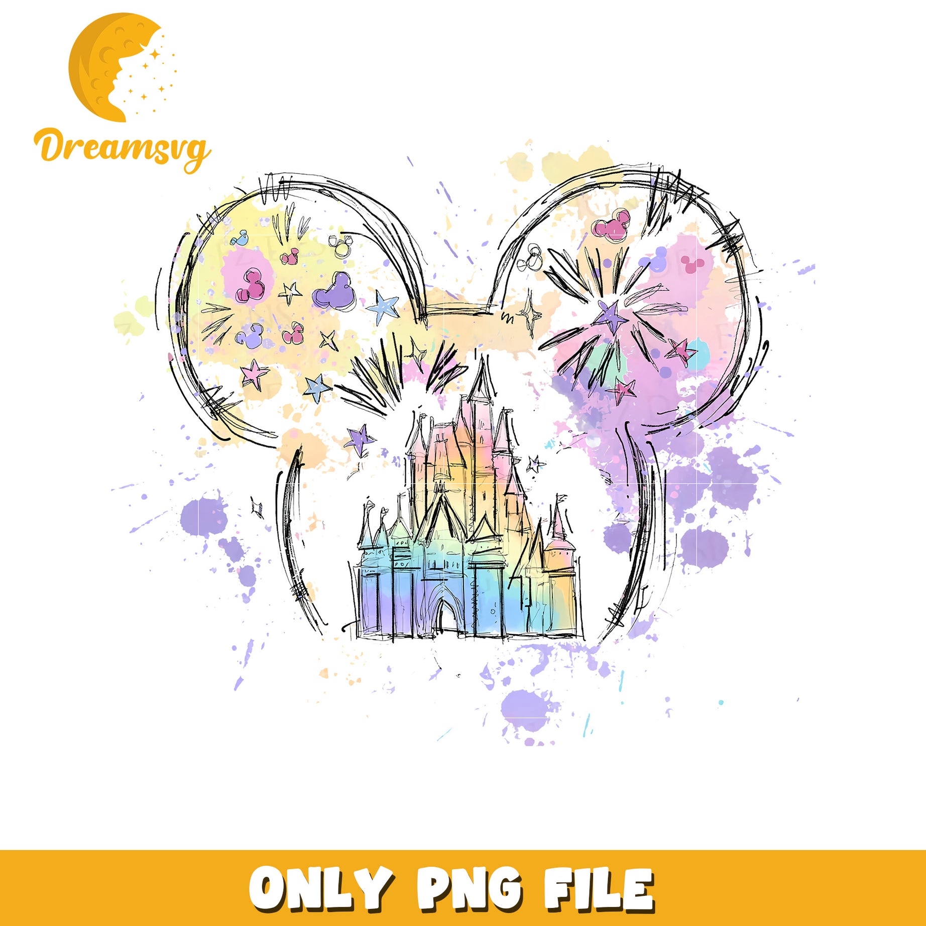 Colorful Disney Castle PNG Graphic with Mickey Ear Design