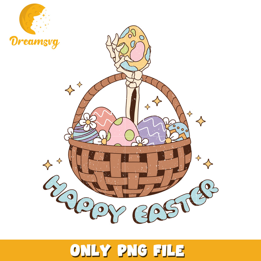 Colorful Easter Basket with Eggs and Happy Easter Text PNG